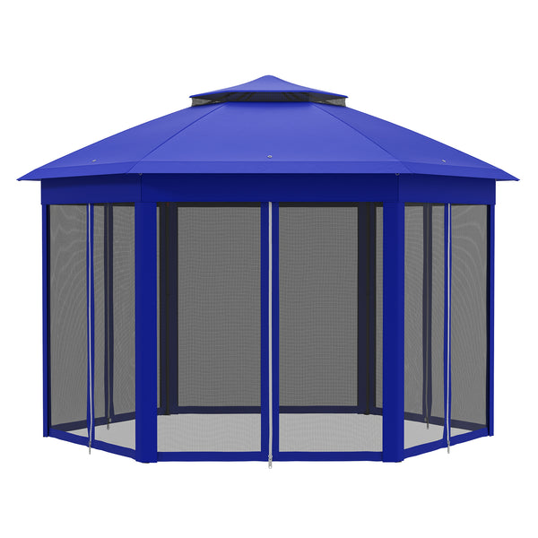 Outsunny 13' x 13' Pop Up Gazebo, Hexagonal Canopy Shelter with 6 Zippered Mesh Netting, Event Tent with Strong Steel Frame for Patio Backyard Garden Wedding Party, Dark Blue and Black