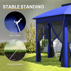 Outsunny 13' x 13' Pop Up Gazebo, Hexagonal Canopy Shelter with 6 Zippered Mesh Netting, Event Tent with Strong Steel Frame for Patio Backyard Garden Wedding Party, Dark Blue and Black