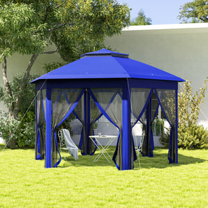 Outsunny 13' x 13' Pop Up Gazebo, Hexagonal Canopy Shelter with 6 Zippered Mesh Netting, Event Tent with Strong Steel Frame for Patio Backyard Garden Wedding Party, Dark Blue and Black