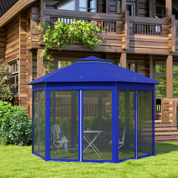 Outsunny 13' x 13' Pop Up Gazebo, Hexagonal Canopy Shelter with 6 Zippered Mesh Netting, Event Tent with Strong Steel Frame for Patio Backyard Garden Wedding Party, Dark Blue and Black