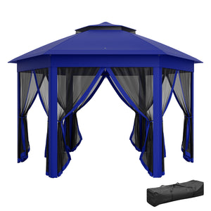 Outsunny 13' x 13' Pop Up Gazebo, Hexagonal Canopy Shelter with 6 Zippered Mesh Netting, Event Tent with Strong Steel Frame for Patio Backyard Garden Wedding Party, Dark Blue and Black