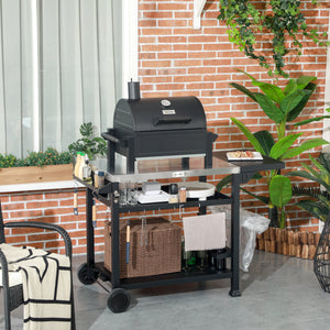 Outdoor Grill Dining Cart with Foldable Side table, Stainless Steel Top, Portable BBQ Trolley with 2 Wheels, 6 Hooks, 3-Shelf Movable Food Prep Pizza Oven Table for Kitchen, Patio, Garden