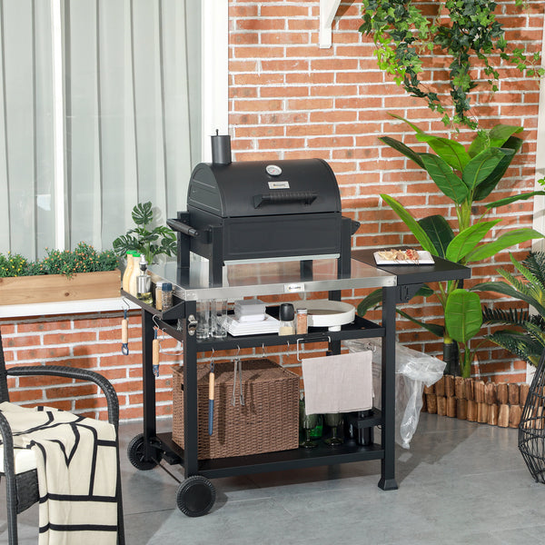 Outdoor Grill Dining Cart with Foldable Side table, Stainless Steel Top, Portable BBQ Trolley with 2 Wheels, 6 Hooks, 3-Shelf Movable Food Prep Pizza Oven Table for Kitchen, Patio, Garden