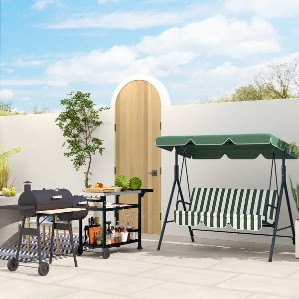 Outdoor Grill Dining Cart with Foldable Side table, Stainless Steel Top, Portable BBQ Trolley with 2 Wheels, 6 Hooks, 3-Shelf Movable Food Prep Pizza Oven Table for Kitchen, Patio, Garden