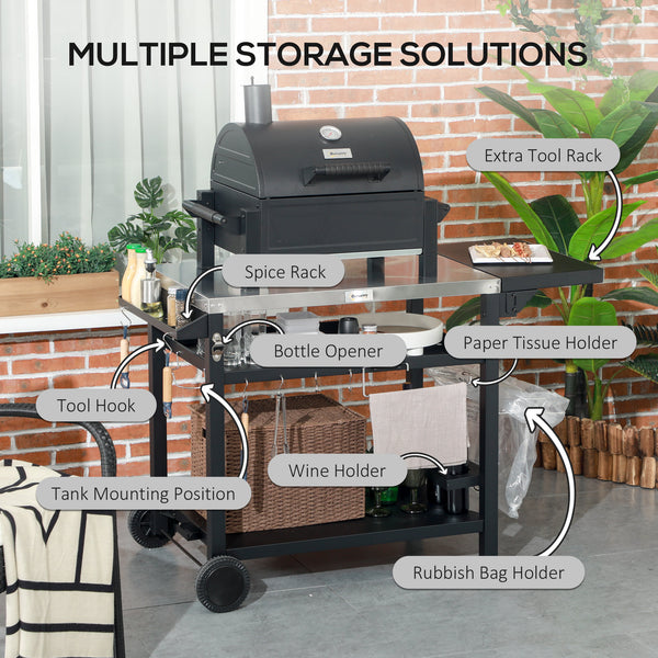 Outdoor Grill Dining Cart with Foldable Side table, Stainless Steel Top, Portable BBQ Trolley with 2 Wheels, 6 Hooks, 3-Shelf Movable Food Prep Pizza Oven Table for Kitchen, Patio, Garden