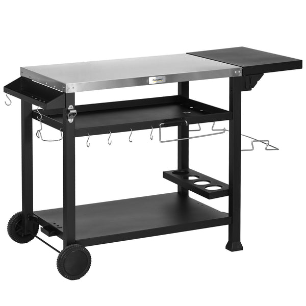 Outdoor Grill Dining Cart with Foldable Side table, Stainless Steel Top, Portable BBQ Trolley with 2 Wheels, 6 Hooks, 3-Shelf Movable Food Prep Pizza Oven Table for Kitchen, Patio, Garden