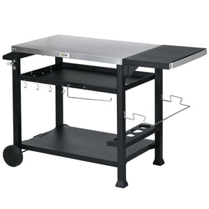 Outdoor Grill Dining Cart with Foldable Side table, Stainless Steel Top, Portable BBQ Trolley with 2 Wheels, 6 Hooks, 3-Shelf Movable Food Prep Pizza Oven Table for Kitchen, Patio, Garden