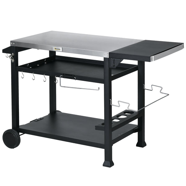 Outdoor Grill Dining Cart with Foldable Side table, Stainless Steel Top, Portable BBQ Trolley with 2 Wheels, 6 Hooks, 3-Shelf Movable Food Prep Pizza Oven Table for Kitchen, Patio, Garden
