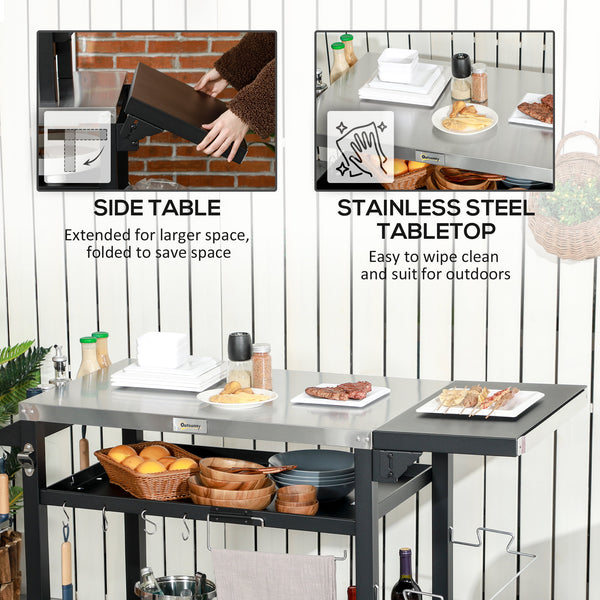 Outdoor Grill Dining Cart with Foldable Side table, Stainless Steel Top, Portable BBQ Trolley with 2 Wheels, 6 Hooks, 3-Shelf Movable Food Prep Pizza Oven Table for Kitchen, Patio, Garden