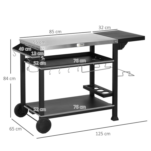 Outdoor Grill Dining Cart with Foldable Side table, Stainless Steel Top, Portable BBQ Trolley with 2 Wheels, 6 Hooks, 3-Shelf Movable Food Prep Pizza Oven Table for Kitchen, Patio, Garden