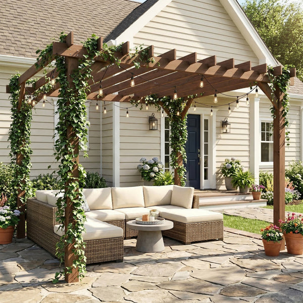 3 x 3 m Wooden Pergola Kit, Garden Pergola Gazebo Grape Trellis with Triangle Supports, Crossing Beams for Climbing Vines, Flowers, Sun Shade Shelter for Grill, Patio, Maple Wood-effect
