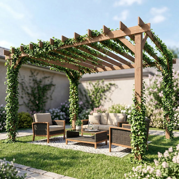 3 x 3 m Wooden Pergola Kit, Garden Pergola Gazebo Grape Trellis with Triangle Supports, Crossing Beams for Climbing Vines, Flowers, Sun Shade Shelter for Grill, Patio, Maple Wood-effect