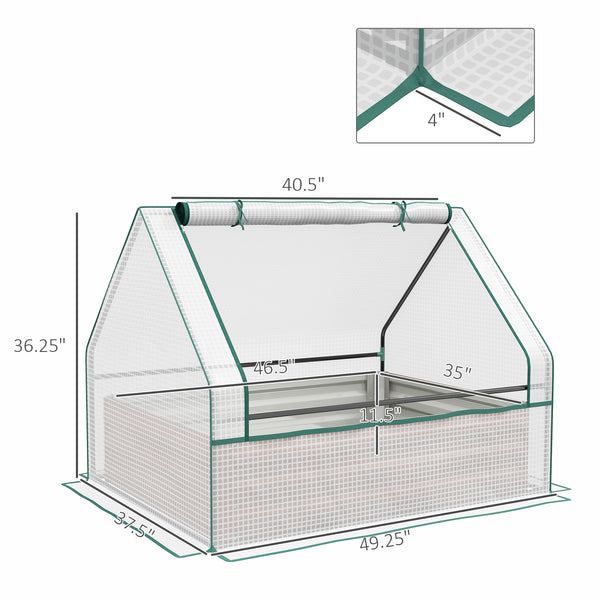 Outsunny 4 x 3 x 1ft Raised Garden Bed with Mini Greenhouse, Galvanized Outdoor Planter Box with Cover, for Herbs and Vegetables, Use for Patio, Garden, Balcony, White Cover and Brown Planter