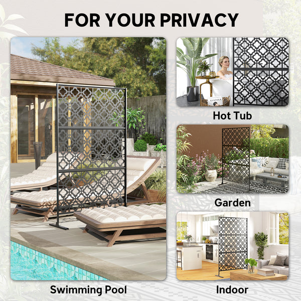 Metal Outdoor Privacy Screen, 78" x 48" Freestanding Outdoor Divider with Stand, Decorative Privacy Panel with Quatrefoil Cut-out Design for Garden Patio Backyard, Black