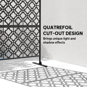 Metal Outdoor Privacy Screen, 78" x 48" Freestanding Outdoor Divider with Stand, Decorative Privacy Panel with Quatrefoil Cut-out Design for Garden Patio Backyard, Black