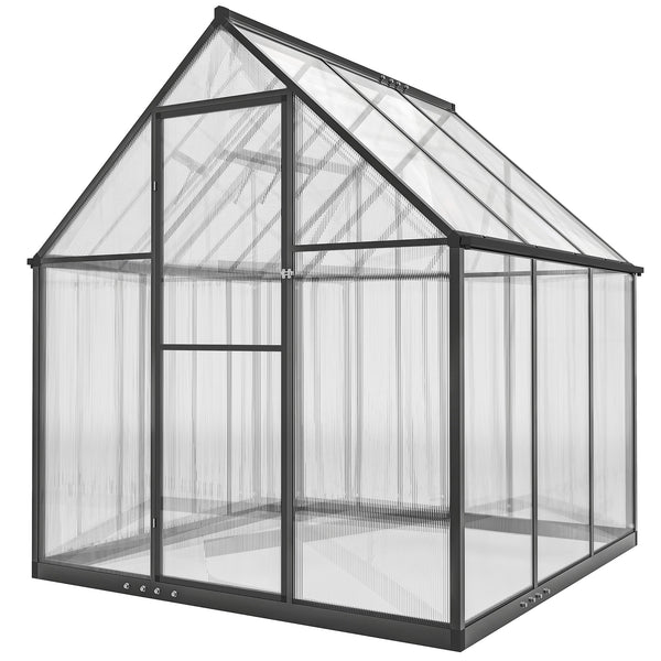 6 x 6.5ft Polycarbonate Greenhouse with Swing Door and Adjustable Window, Walk-in Greenhouse with Rain Gutter, Aluminium Garden Green House for Patio Garden Backyard, Black
