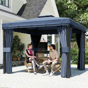 3 x 3(m) Patio Gazebo Canopy Garden Pavilion Tent Shelter Marquee with 2 Tier Water Repellent Roof, Mosquito Netting and Curtains, Aluminium Frame, Dark Blue