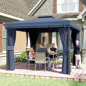 3 x 3(m) Patio Gazebo Canopy Garden Pavilion Tent Shelter Marquee with 2 Tier Water Repellent Roof, Mosquito Netting and Curtains, Aluminium Frame, Dark Blue