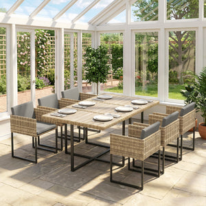 7 Piece Rattan Garden Furniture Set, Garden Dining Set with Wood-Plastic Table and 6 Stackable Chairs, Rattan Table and Chairs with 12 Cushions for Patio Terrace, Light Brown