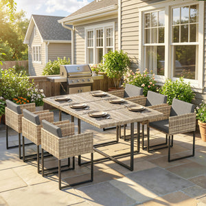 7 Piece Rattan Garden Furniture Set, Garden Dining Set with Wood-Plastic Table and 6 Stackable Chairs, Rattan Table and Chairs with 12 Cushions for Patio Terrace, Light Brown