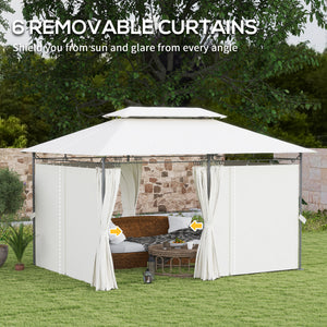 Outsunny 10' x 13' Patio Gazebo, Double Roof Outdoor Gazebo Canopy Shelter with Curtains, Solid Metal Frame for Garden, Lawn, Backyard and Deck, Cream White