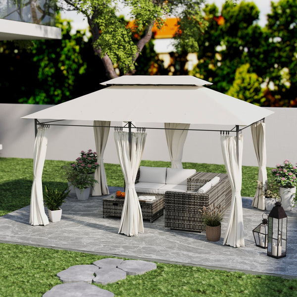 Outsunny 10' x 13' Patio Gazebo, Double Roof Outdoor Gazebo Canopy Shelter with Curtains, Solid Metal Frame for Garden, Lawn, Backyard and Deck, Cream White