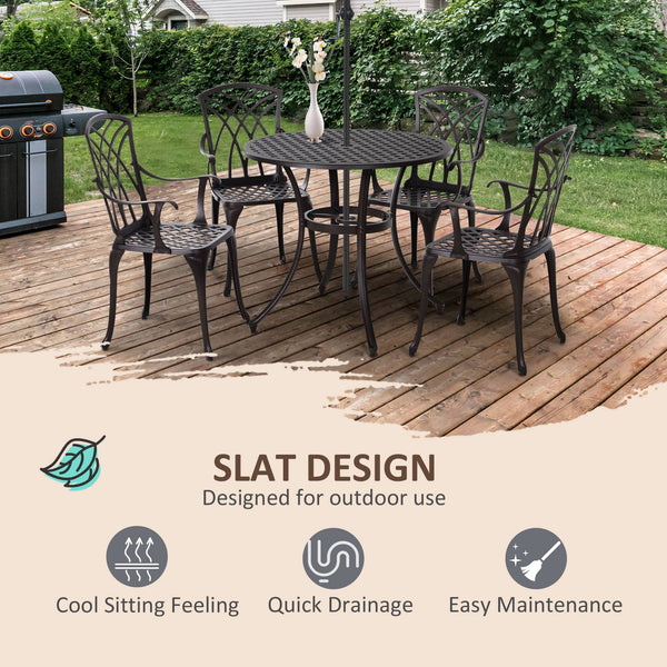 5 Pieces Garden Dining Set for 4, Cast Aluminium Outdoor Dining Set with 4 Armchairs and Round Dining Table with Parasol Hole, Garden Furniture Set, Brown