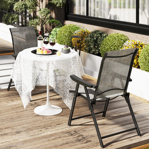 Set of 2 Folding Chair, Garden Chair Set with Breathable Mesh Back and Seat, Outdoor Camping Chairs with Armrests, Steel Frame for Deck Balcony, Black and Grey