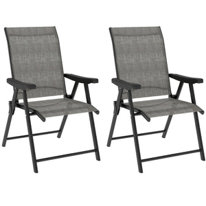 Set of 2 Folding Chair, Garden Chair Set with Breathable Mesh Back and Seat, Outdoor Camping Chairs with Armrests, Steel Frame for Deck Balcony, Black and Grey
