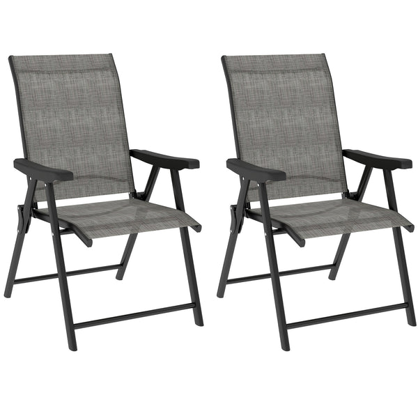 Set of 2 Folding Chair, Garden Chair Set with Breathable Mesh Back and Seat, Outdoor Camping Chairs with Armrests, Steel Frame for Deck Balcony, Black and Grey