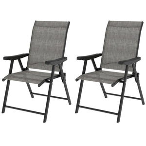 Set of 2 Folding Chair, Garden Chair Set with Breathable Mesh Back and Seat, Outdoor Camping Chairs with Armrests, Steel Frame for Deck Balcony, Black and Grey