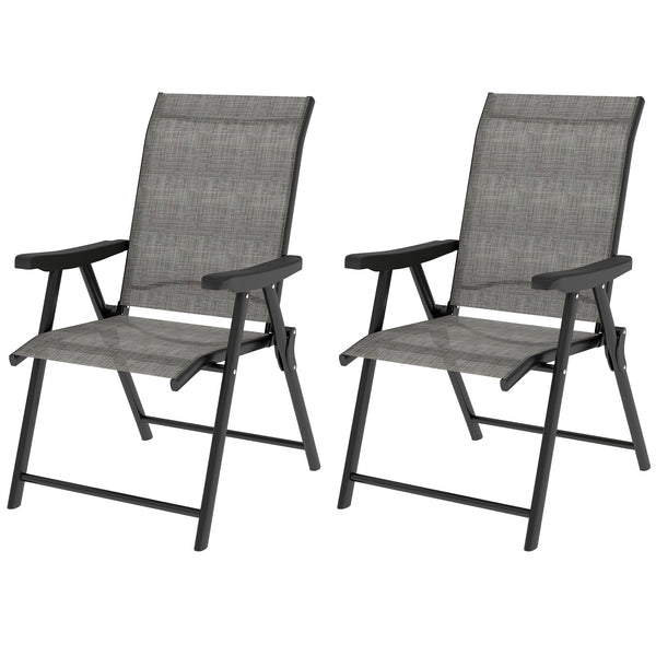 Set of 2 Folding Chair, Garden Chair Set with Breathable Mesh Back and Seat, Outdoor Camping Chairs with Armrests, Steel Frame for Deck Balcony, Black and Grey