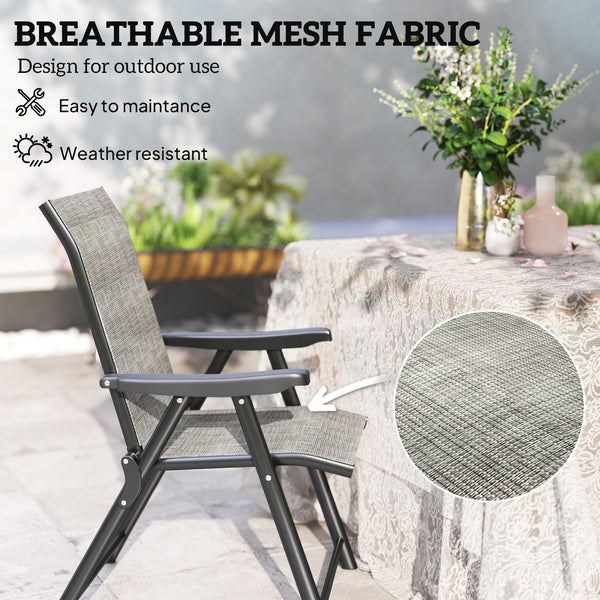 Set of 2 Folding Chair, Garden Chair Set with Breathable Mesh Back and Seat, Outdoor Camping Chairs with Armrests, Steel Frame for Deck Balcony, Black and Grey