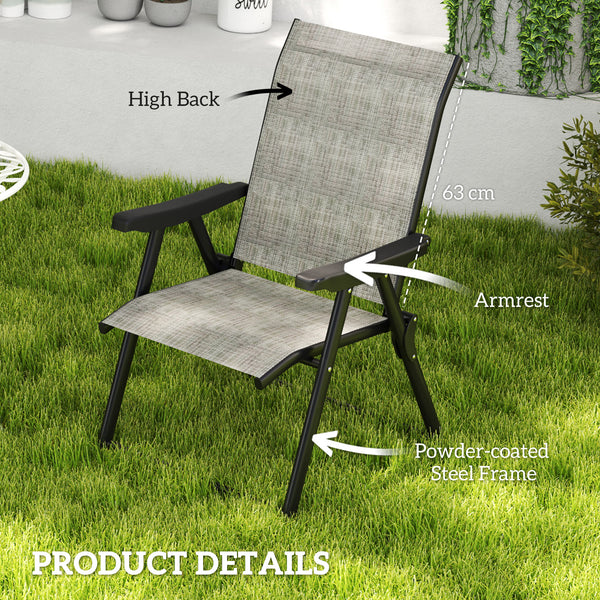 Set of 2 Folding Chair, Garden Chair Set with Breathable Mesh Back and Seat, Outdoor Camping Chairs with Armrests, Steel Frame for Deck Balcony, Black and Grey