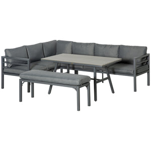 Outsunny 4 Piece Patio Furniture Set, Outdoor L-Shaped Sectional Sofa with 2 Couches, Bench, Dining Table, Cushions, Aluminum Outside Conversation Set, Gray