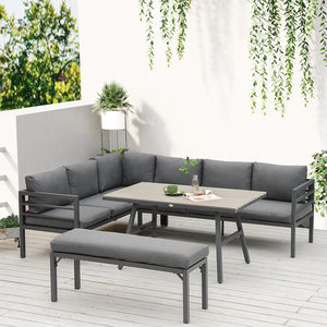 Outsunny 4 Piece Patio Furniture Set, Outdoor L-Shaped Sectional Sofa with 2 Couches, Bench, Dining Table, Cushions, Aluminum Outside Conversation Set, Gray