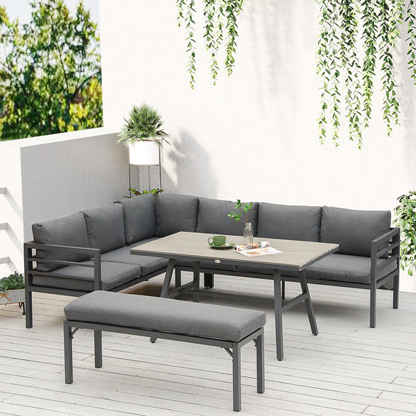 Outsunny 4 Piece Patio Furniture Set, Outdoor L-Shaped Sectional Sofa with 2 Couches, Bench, Dining Table, Cushions, Aluminum Outside Conversation Set, Gray