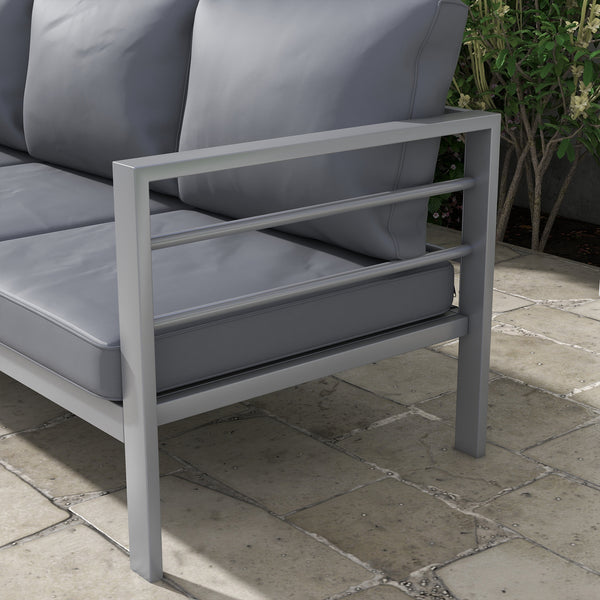 Garden Bench with Cushions, 3-Seater Sofa, Aluminium Frame Outdoor Furniture with Backrest, Armrest and Back Cushions, 185 x 66 x 64cm, Grey