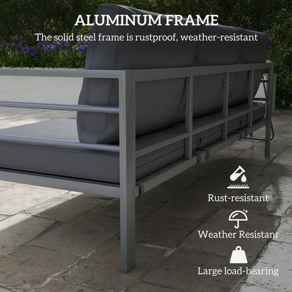 Garden Bench with Cushions, 3-Seater Sofa, Aluminium Frame Outdoor Furniture with Backrest, Armrest and Back Cushions, 185 x 66 x 64cm, Grey