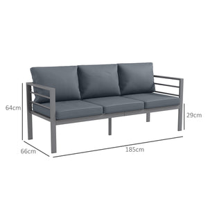 Garden Bench with Cushions, 3-Seater Sofa, Aluminium Frame Outdoor Furniture with Backrest, Armrest and Back Cushions, 185 x 66 x 64cm, Grey
