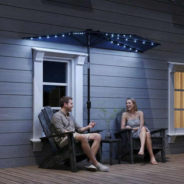 2.6 m Half Garden Parasol with Solar LED Lights, UPF50+ Semi Round Umbrella with 30° Tilt, Crank Handle, Metal Frame for Balcony, Dark Blue