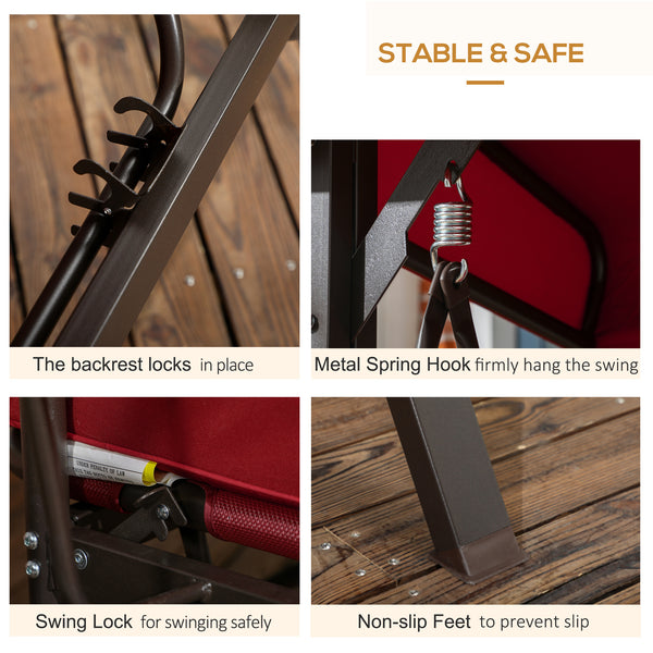 3 Person Porch Swing Bed, Outdoor Patio Swing Chair Bench Hammock with Adjustable Canopy, Cushions, Pillows for Porch and Backyard, Red