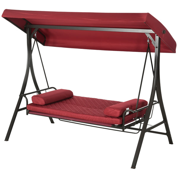 3 Person Porch Swing Bed, Outdoor Patio Swing Chair Bench Hammock with Adjustable Canopy, Cushions, Pillows for Porch and Backyard, Red