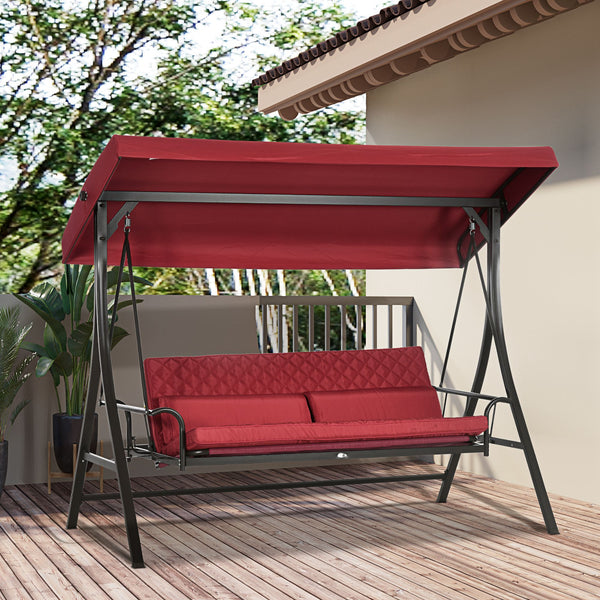 3 Person Porch Swing Bed, Outdoor Patio Swing Chair Bench Hammock with Adjustable Canopy, Cushions, Pillows for Porch and Backyard, Red