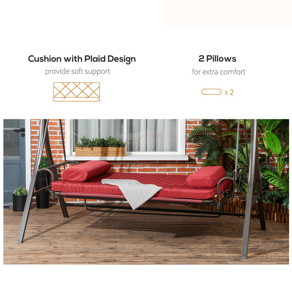 3 Person Porch Swing Bed, Outdoor Patio Swing Chair Bench Hammock with Adjustable Canopy, Cushions, Pillows for Porch and Backyard, Red