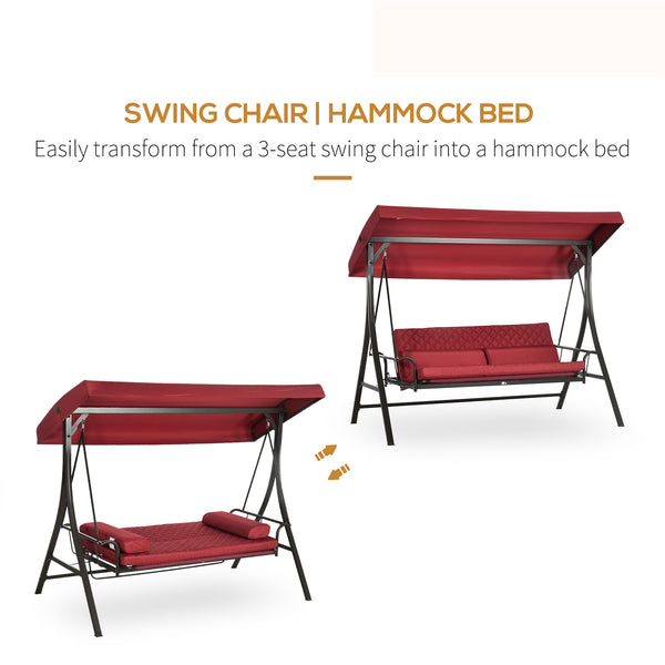 3 Person Porch Swing Bed, Outdoor Patio Swing Chair Bench Hammock with Adjustable Canopy, Cushions, Pillows for Porch and Backyard, Red