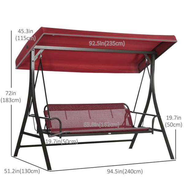 3 Person Porch Swing Bed, Outdoor Patio Swing Chair Bench Hammock with Adjustable Canopy, Cushions, Pillows for Porch and Backyard, Red