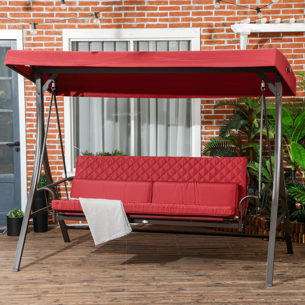 3 Person Porch Swing Bed, Outdoor Patio Swing Chair Bench Hammock with Adjustable Canopy, Cushions, Pillows for Porch and Backyard, Red