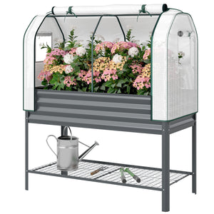 Galvanised Raised Garden Bed with Greenhouse Cover, Metal Elevated Garden Bed with Legs, Bed Liner and Bottom Shelf, Outdoor Raised Planter Box for Vegetables, Herbs, Flowers, Dark Gray