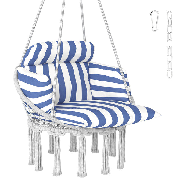 Hammock Swing Chair, Outdoor Hanging Chair with Large Cushion, Cotton Rope Weaving Macrame Swing with Chain, 265 LBS Capacity for Indoor, Outdoor, Bedroom, Patio, Balcony, Blue and White
